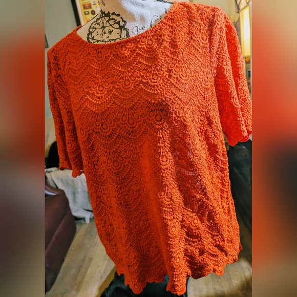 SUPER EUC🔥J. Crew🔥RED-ORANGE cotton/poly blend LACE TEE 🌞 sz M🌹Tres Femme 😍 - Picture 3 of 8